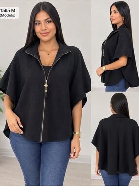 Anne Klein Black Zip-Front Cape Jacket with Gold Trim
